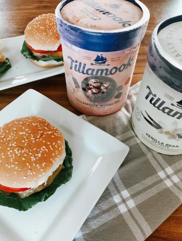 Deliciously Moist Burger with Tillamook Sharp Cheddar Cheese - Hot Off the Grill + Cold Dessert!