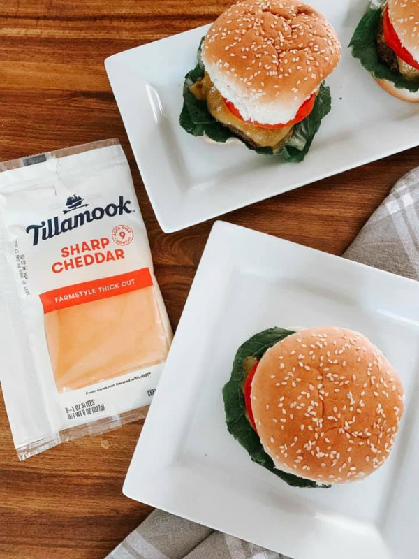 Deliciously Moist Burger with Tillamook Sharp Cheddar Cheese - Hot Off the Grill + Cold Dessert!